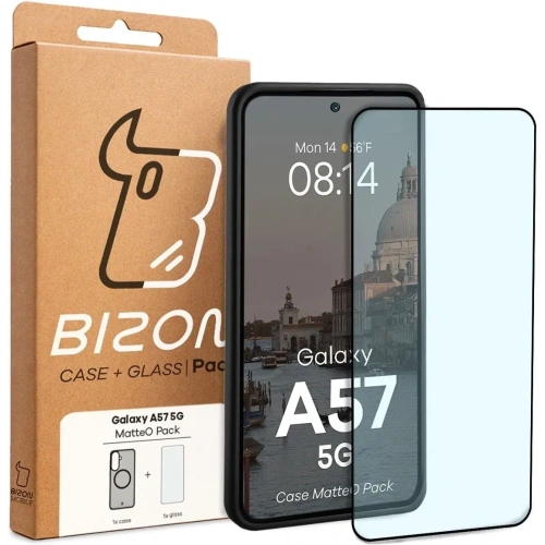 Etui z pierścieniem magnetycznym + szkło hartowane Bizon MatteO Pack do Samsung Galaxy A57 5G przydymione-czarne