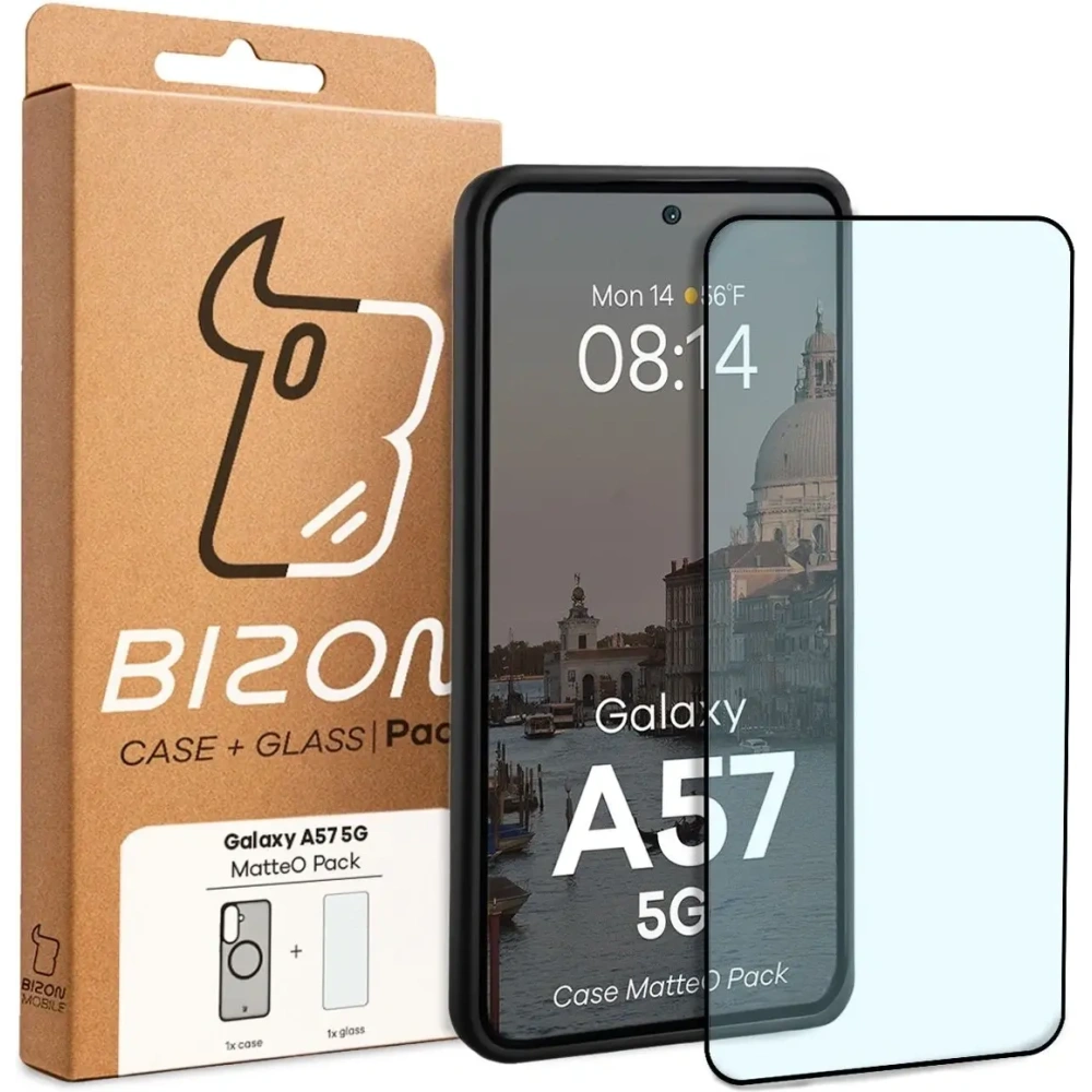 Etui z pierścieniem magnetycznym + szkło hartowane Bizon MatteO Pack do Samsung Galaxy A57 5G przydymione-czarne