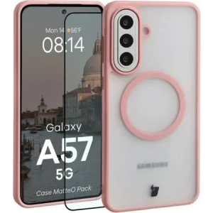 Etui z pierścieniem magnetycznym + szkło hartowane Bizon MatteO Pack do Samsung Galaxy A57 5G przydymione-jasnoróżowe