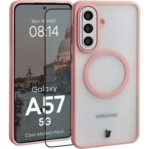 Etui z pierścieniem magnetycznym + szkło hartowane Bizon MatteO Pack do Samsung Galaxy A57 5G przydymione-jasnoróżowe