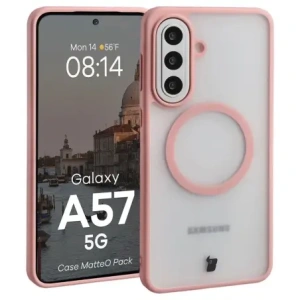 Etui z pierścieniem magnetycznym + szkło hartowane Bizon MatteO Pack do Samsung Galaxy A57 5G przydymione-jasnoróżowe
