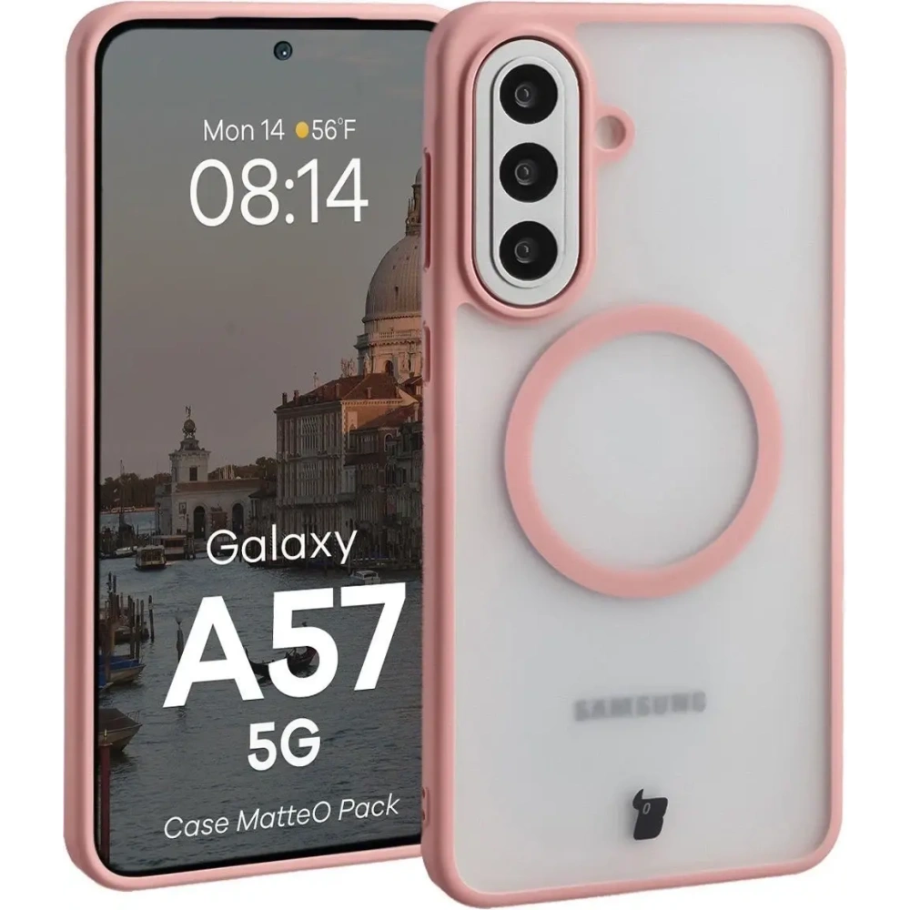 Etui z pierścieniem magnetycznym + szkło hartowane Bizon MatteO Pack do Samsung Galaxy A57 5G przydymione-jasnoróżowe