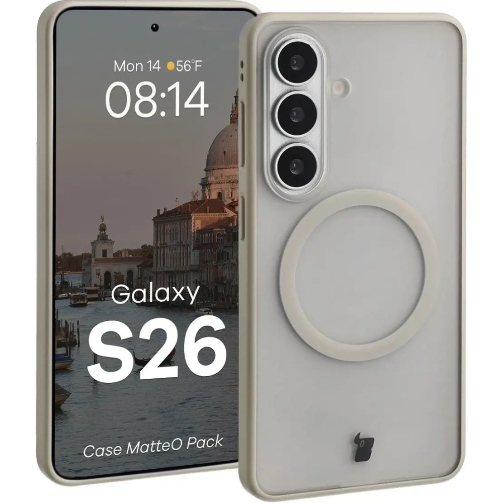 Etui z pierścieniem magnetycznym + szkło hartowane Bizon MatteO Pack do Samsung Galaxy S26 przydymione-beżowe