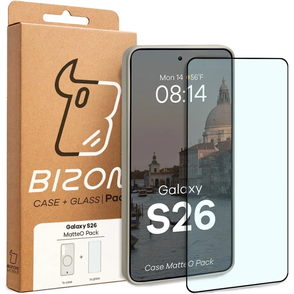 Etui z pierścieniem magnetycznym + szkło hartowane Bizon MatteO Pack do Samsung Galaxy S26 przydymione-beżowe