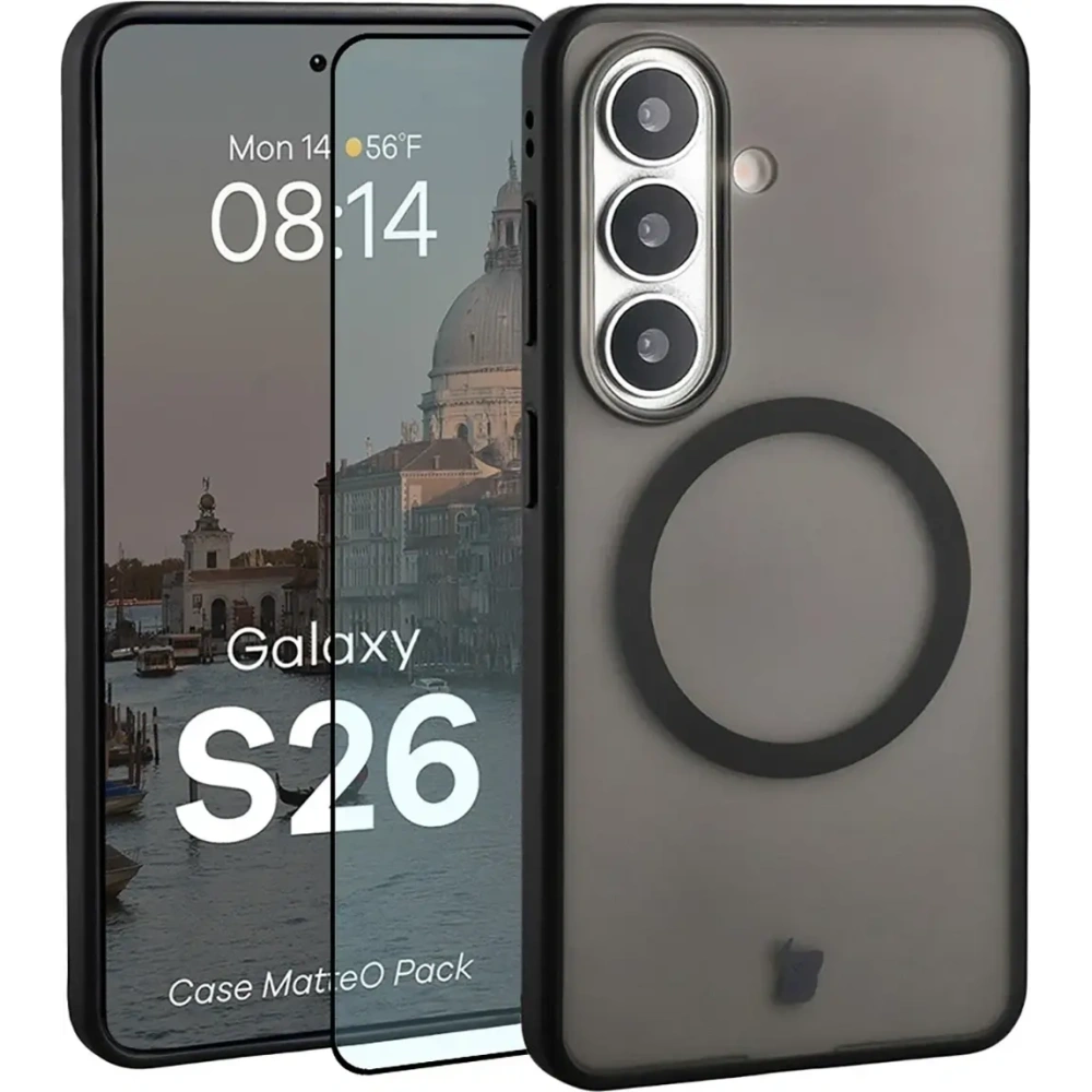 Etui z pierścieniem magnetycznym + szkło hartowane Bizon MatteO Pack do Samsung Galaxy S26 przydymione-czarne