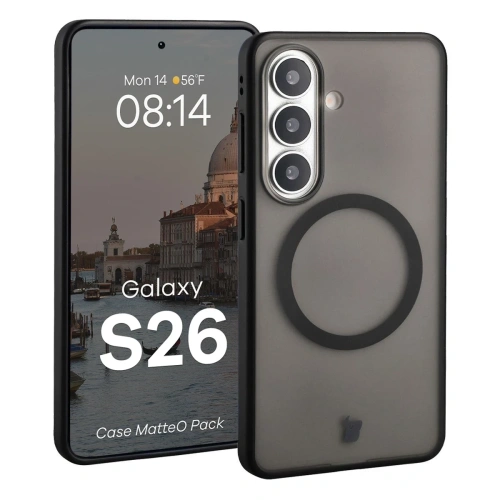 Etui z pierścieniem magnetycznym + szkło hartowane Bizon MatteO Pack do Samsung Galaxy S26 przydymione-czarne