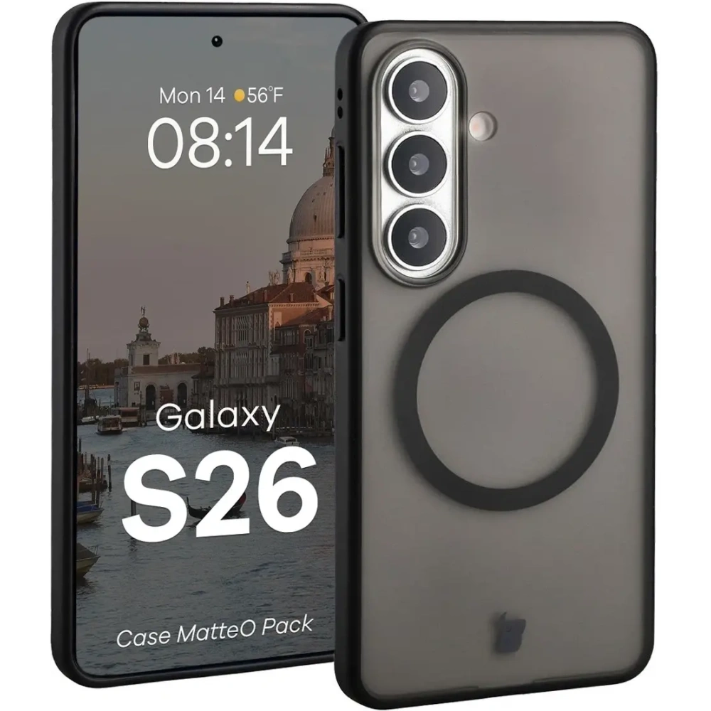 Etui z pierścieniem magnetycznym + szkło hartowane Bizon MatteO Pack do Samsung Galaxy S26 przydymione-czarne