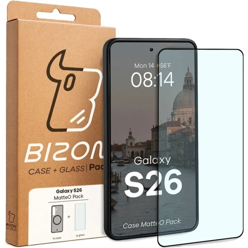 Etui z pierścieniem magnetycznym + szkło hartowane Bizon MatteO Pack do Samsung Galaxy S26 przydymione-czarne