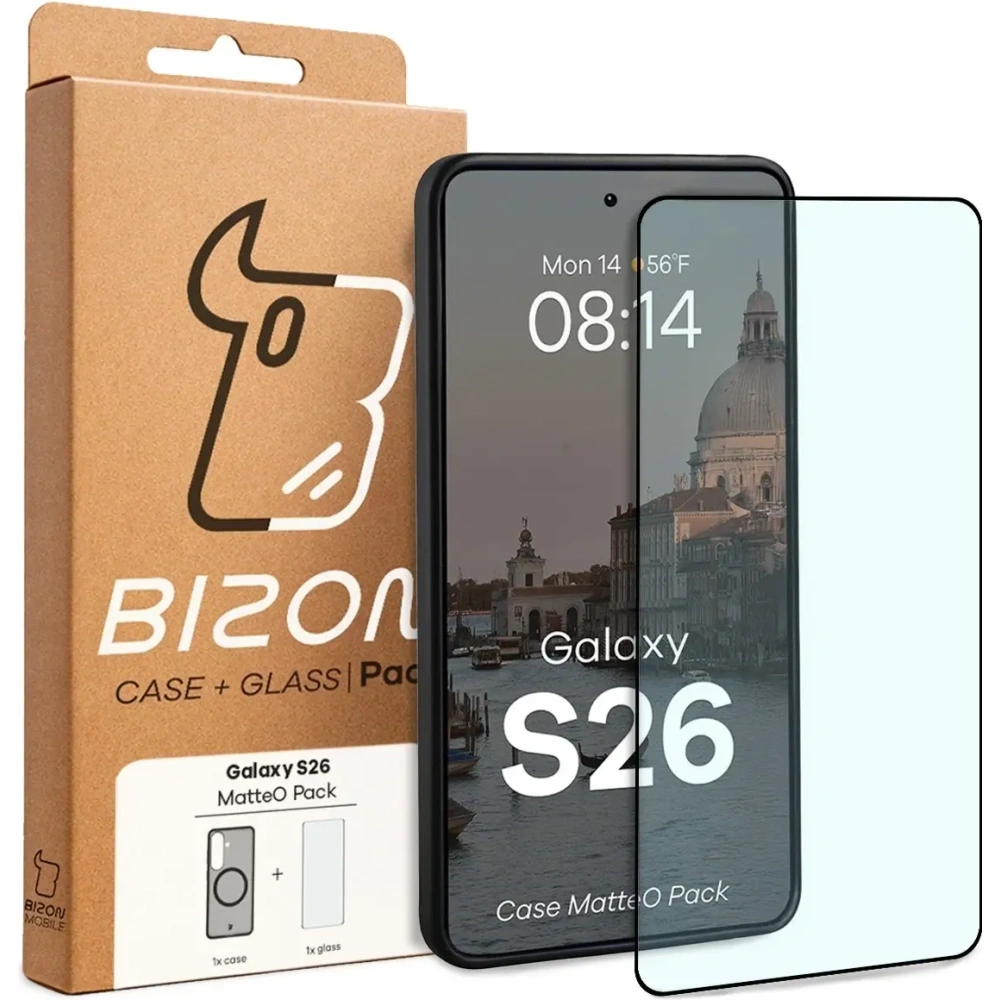 Etui z pierścieniem magnetycznym + szkło hartowane Bizon MatteO Pack do Samsung Galaxy S26 przydymione-czarne