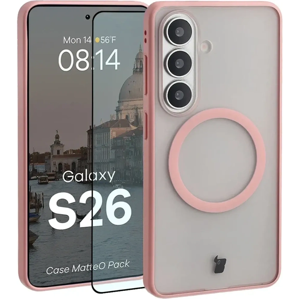 Etui z pierścieniem magnetycznym + szkło hartowane Bizon MatteO Pack do Samsung Galaxy S26 przydymione-jasnoróżowe