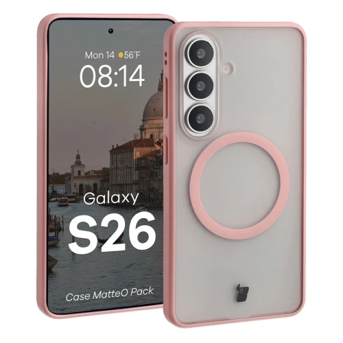 Etui z pierścieniem magnetycznym + szkło hartowane Bizon MatteO Pack do Samsung Galaxy S26 przydymione-jasnoróżowe