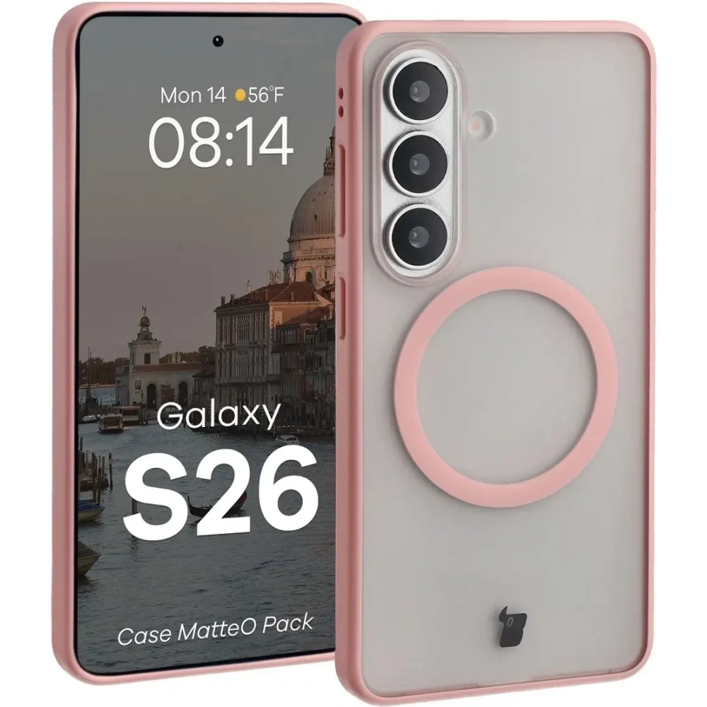 Etui z pierścieniem magnetycznym + szkło hartowane Bizon MatteO Pack do Samsung Galaxy S26 przydymione-jasnoróżowe