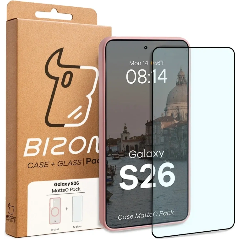 Etui z pierścieniem magnetycznym + szkło hartowane Bizon MatteO Pack do Samsung Galaxy S26 przydymione-jasnoróżowe