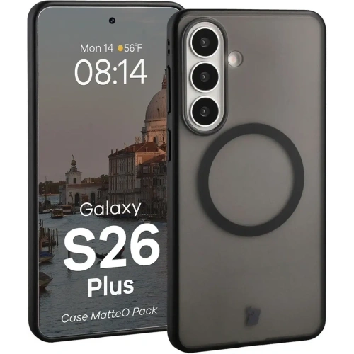 Etui z pierścieniem magnetycznym + szkło hartowane Bizon MatteO Pack do Samsung Galaxy S26+ Plus przydymione-czarne
