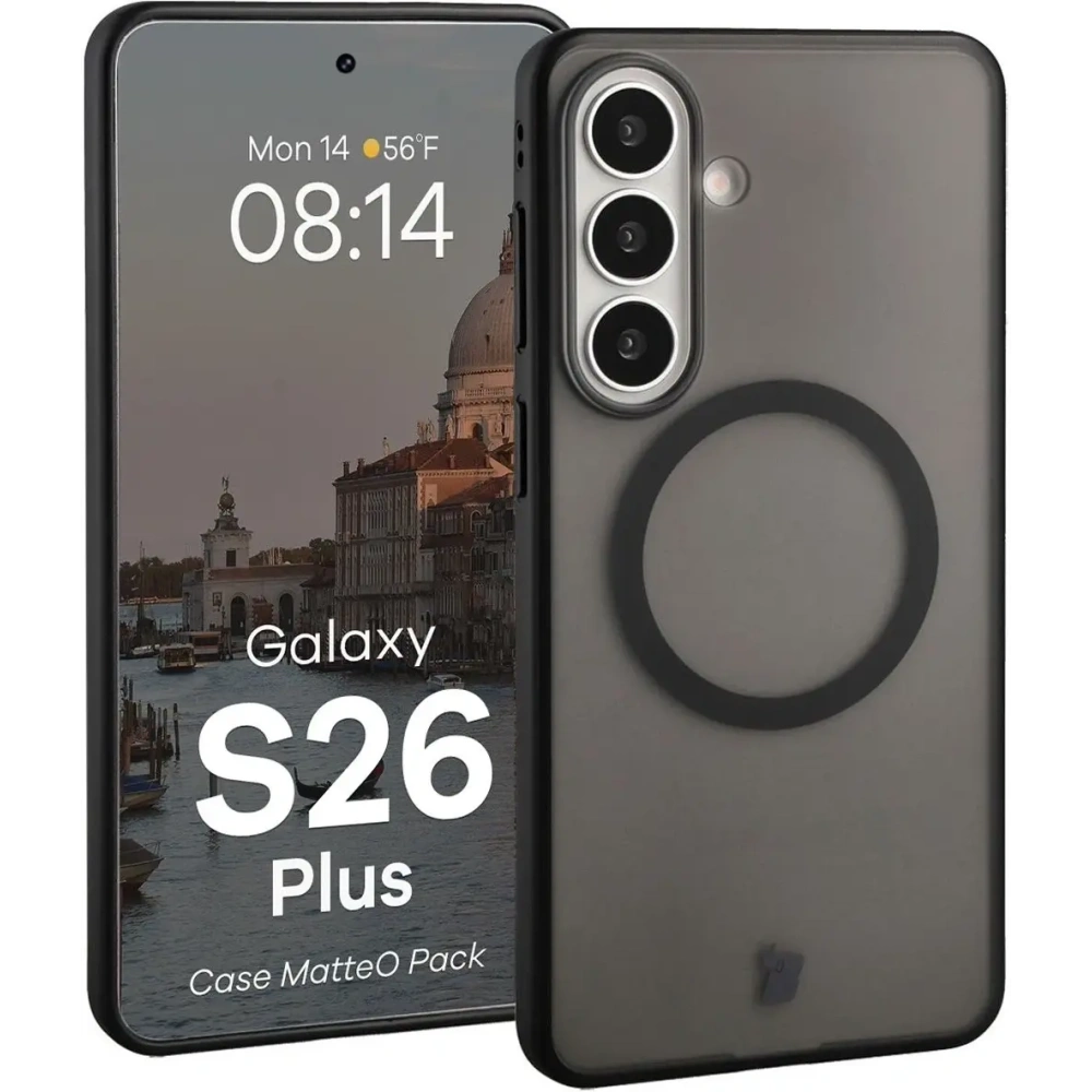 Etui z pierścieniem magnetycznym + szkło hartowane Bizon MatteO Pack do Samsung Galaxy S26+ Plus przydymione-czarne