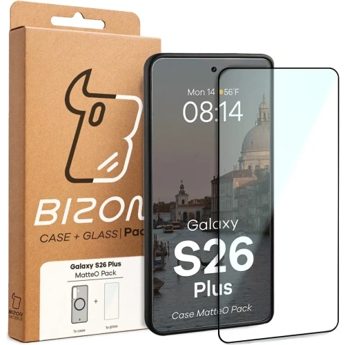 Etui z pierścieniem magnetycznym + szkło hartowane Bizon MatteO Pack do Samsung Galaxy S26+ Plus przydymione-czarne