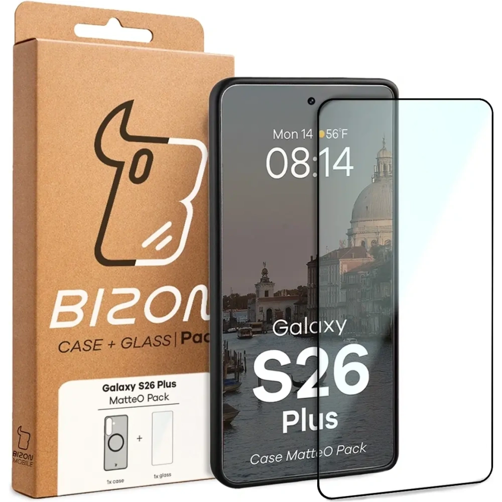 Etui z pierścieniem magnetycznym + szkło hartowane Bizon MatteO Pack do Samsung Galaxy S26+ Plus przydymione-czarne