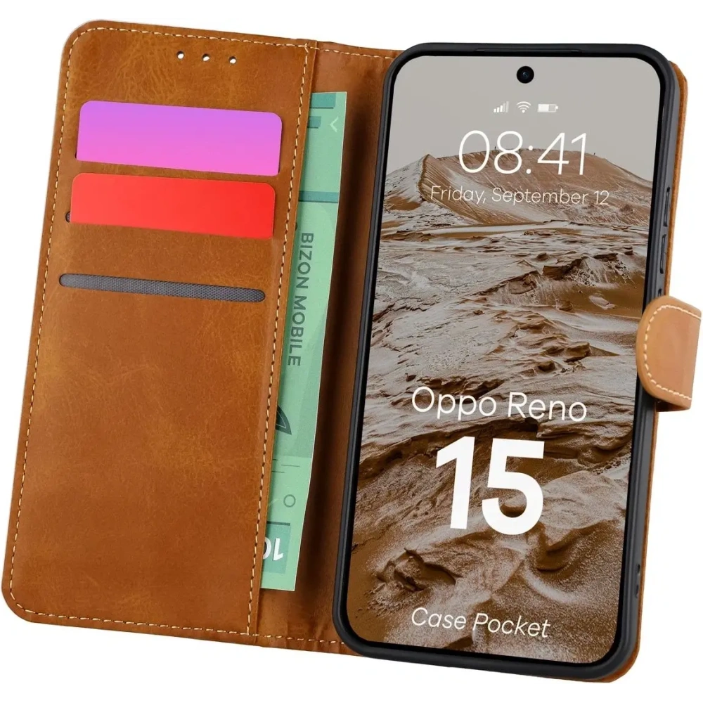 Etui z klapką Bizon Case Pocket do Oppo Reno 15 brązowe