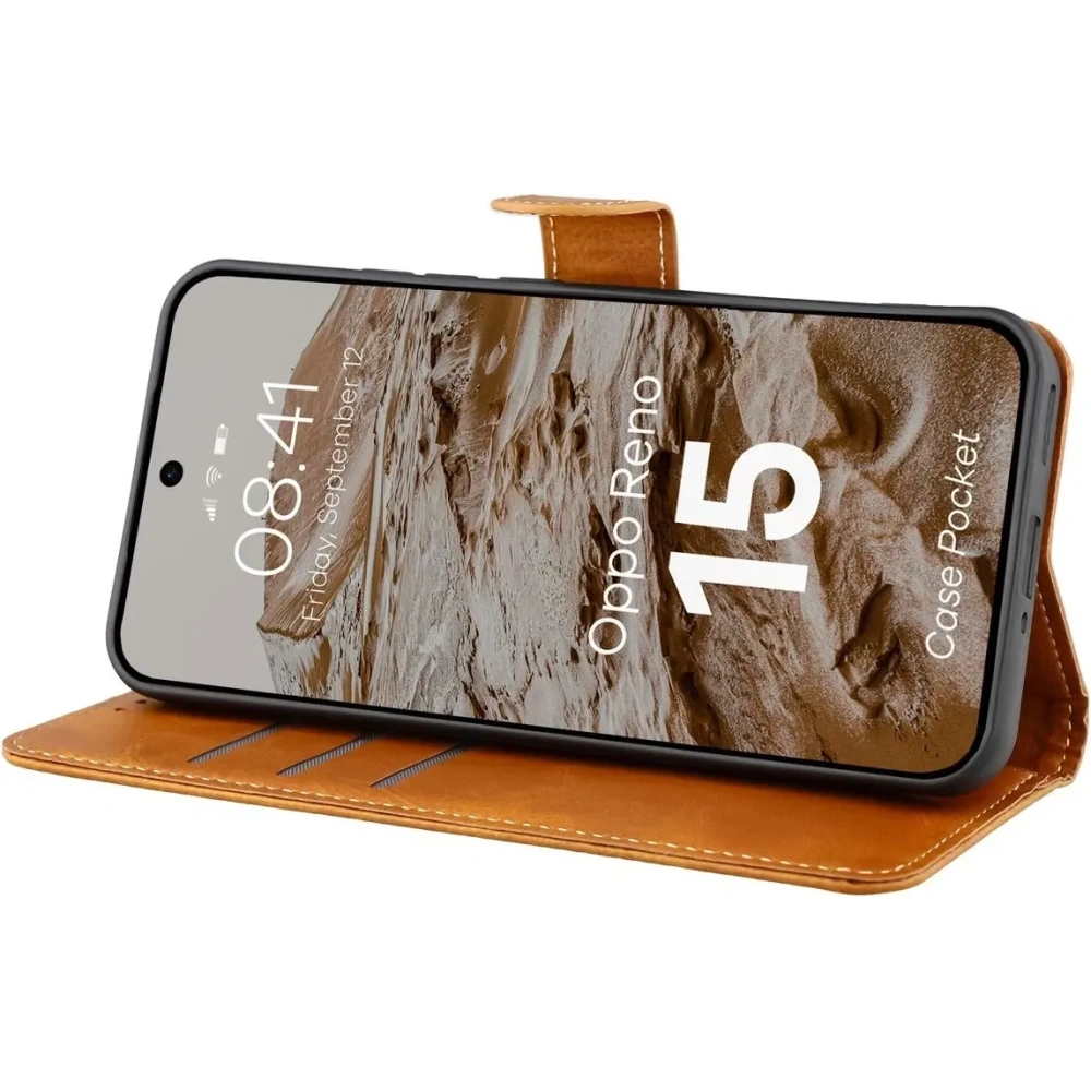 Etui z klapką Bizon Case Pocket do Oppo Reno 15 brązowe
