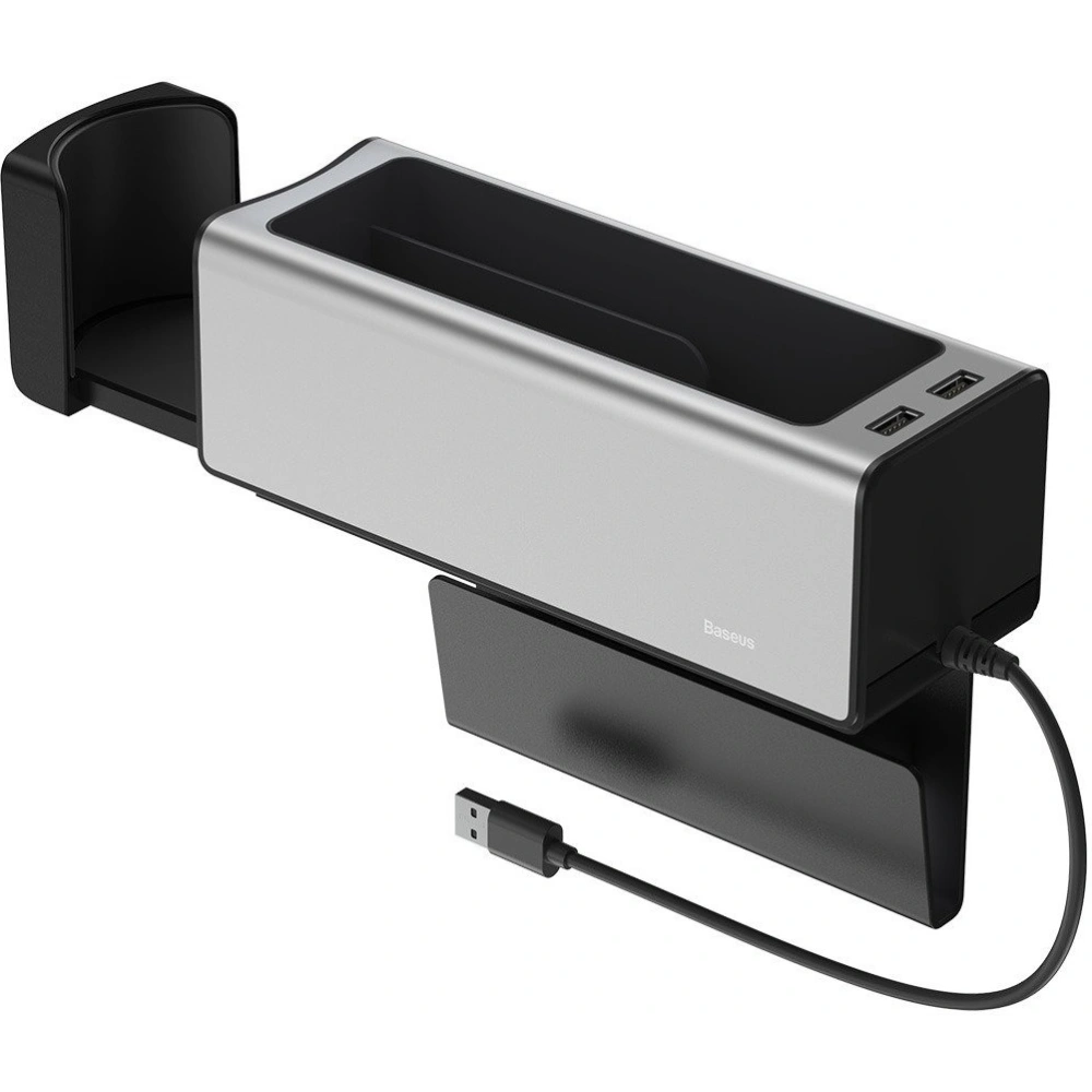 Baseus Deluxe Metalowy organizer samochodowy z uchwytem na kubek, 2x ładowanie USB (srebrny)