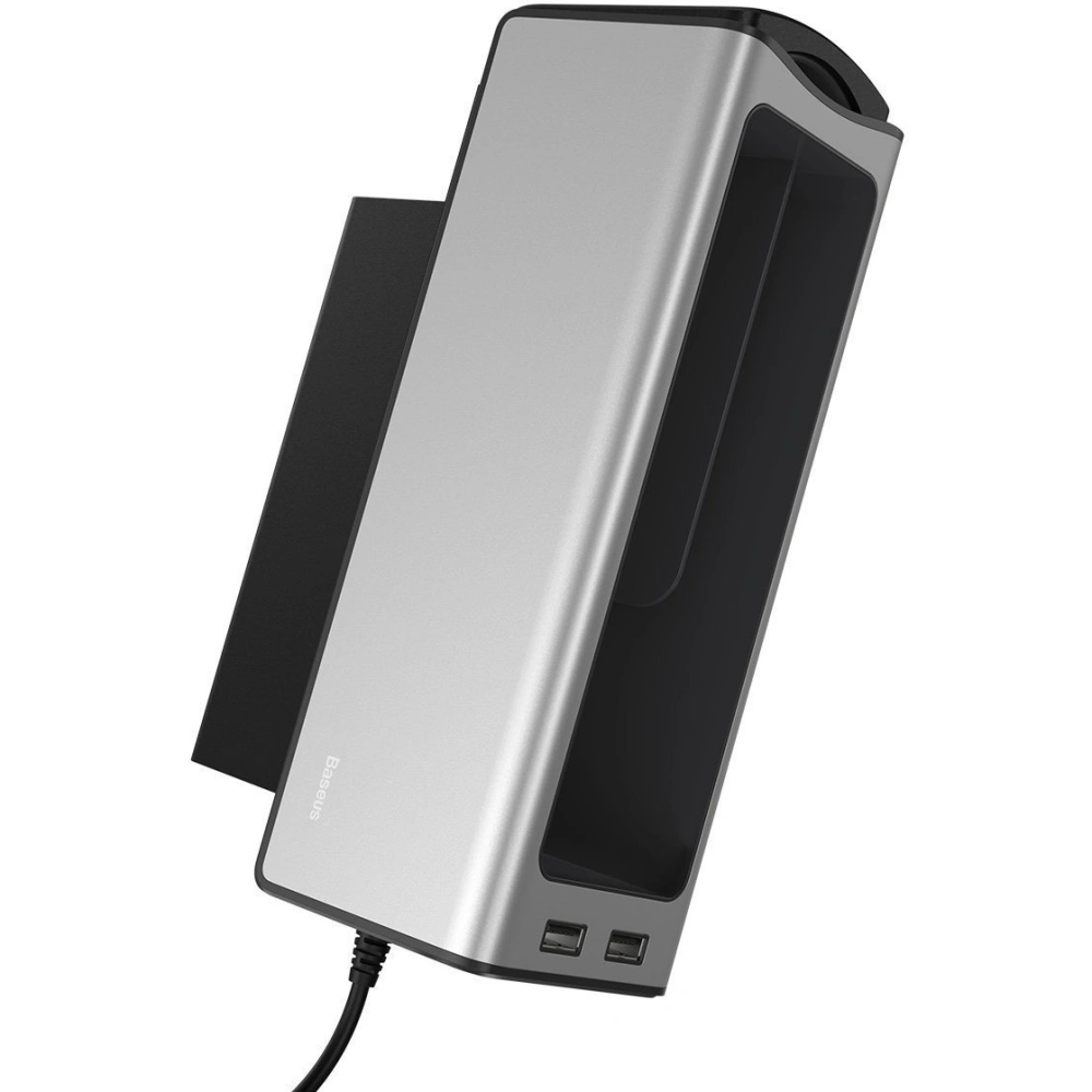 Baseus Deluxe Metalowy organizer samochodowy z uchwytem na kubek, 2x ładowanie USB (srebrny)