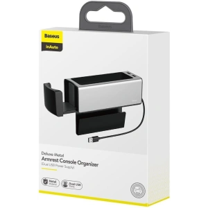 Baseus Deluxe fém autós rendező pohártartóval, 2x USB töltési lehetőség (ezüst)