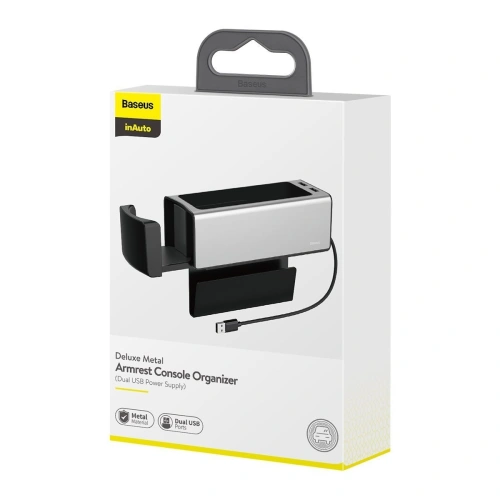 Kup Baseus Organizator auto metalic Deluxe cu suport pentru cană, 2x încărcare USB (argintiu) - BSU1706SLV - {ean13} - Sklep Home Screen
