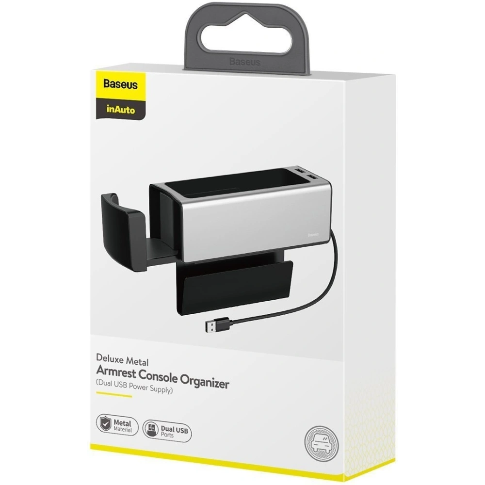 Baseus Deluxe Metalowy organizer samochodowy z uchwytem na kubek, 2x ładowanie USB (srebrny)