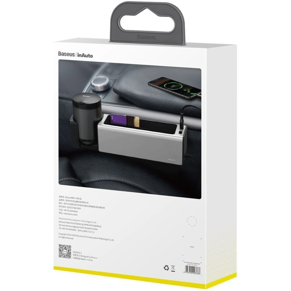 Baseus Deluxe Metalowy organizer samochodowy z uchwytem na kubek, 2x ładowanie USB (srebrny)