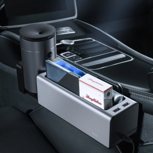 Kup Baseus Deluxe Metall Auto-Organizer mit Getränkehalter, 2x USB-Laden (silber) - BSU1706SLV - {ean13} - Sklep Home Screen