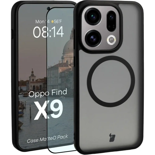 Etui z pierścieniem magnetycznym + szkło hartowane Bizon MatteO Pack do Oppo Find X9, przydymione-czarne