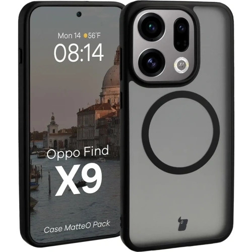 Etui z pierścieniem magnetycznym + szkło hartowane Bizon MatteO Pack do Oppo Find X9, przydymione-czarne