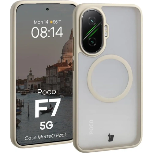 Etui z pierścieniem magnetycznym + szkło hartowane Bizon MatteO Pack do Xiaomi POCO F7, przydymione-beżowe