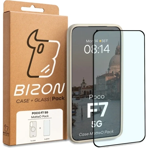 Etui z pierścieniem magnetycznym + szkło hartowane Bizon MatteO Pack do Xiaomi POCO F7, przydymione-beżowe