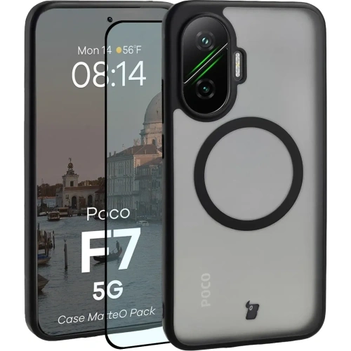 Etui z pierścieniem magnetycznym + szkło hartowane Bizon MatteO Pack do Xiaomi POCO F7, przydymione-czarne