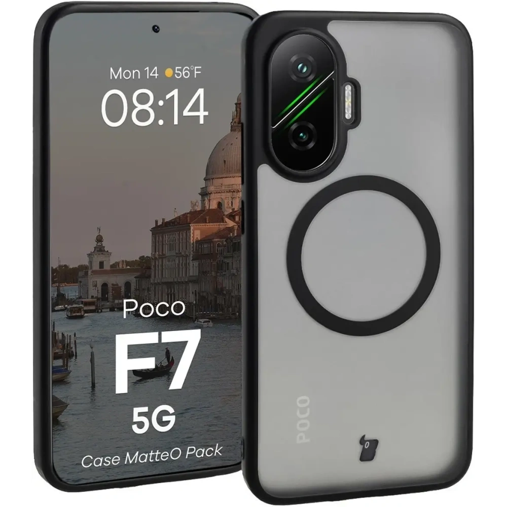 Etui z pierścieniem magnetycznym + szkło hartowane Bizon MatteO Pack do Xiaomi POCO F7, przydymione-czarne