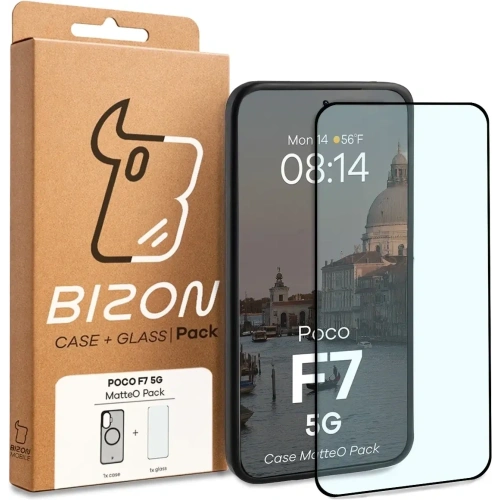 Etui z pierścieniem magnetycznym + szkło hartowane Bizon MatteO Pack do Xiaomi POCO F7, przydymione-czarne