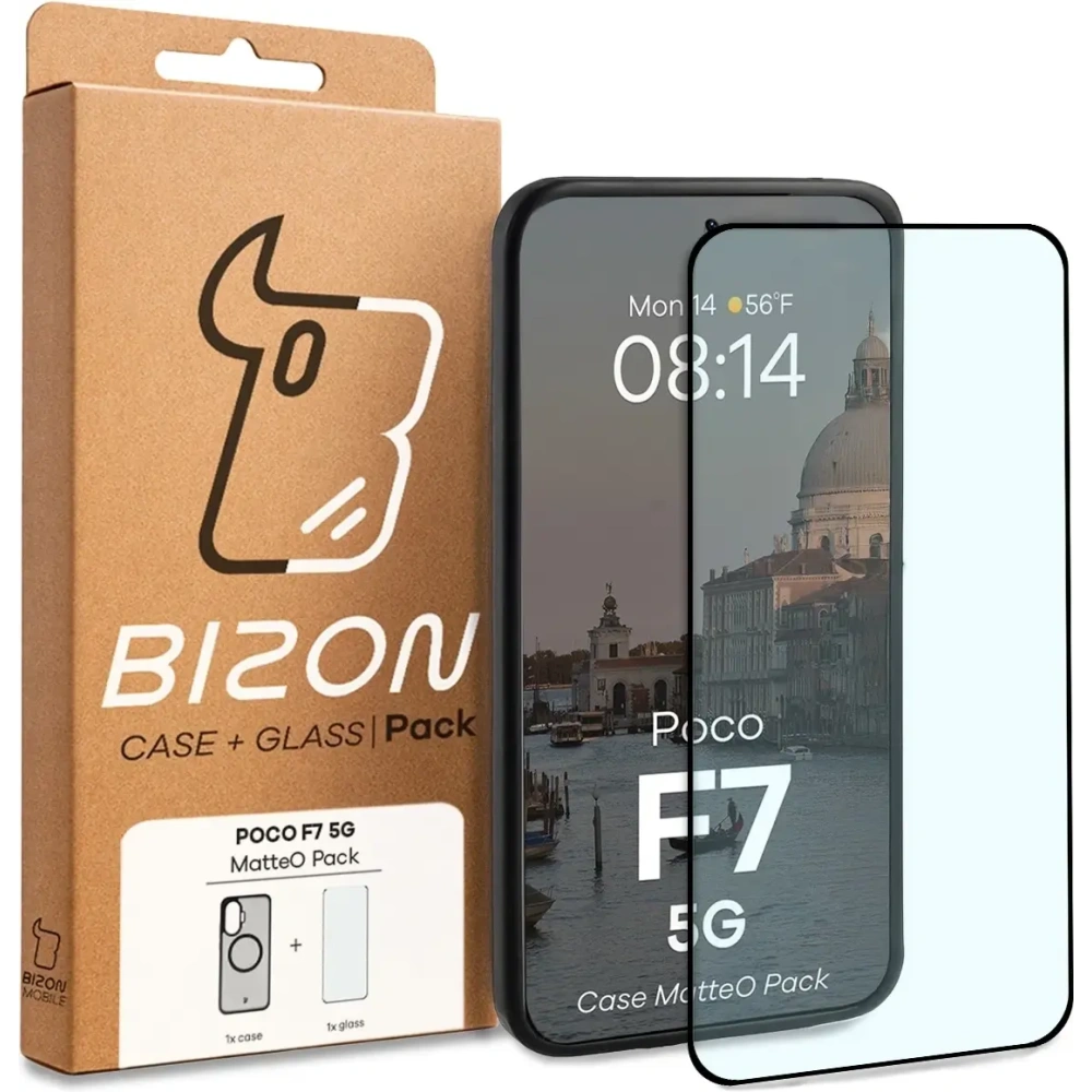 Etui z pierścieniem magnetycznym + szkło hartowane Bizon MatteO Pack do Xiaomi POCO F7, przydymione-czarne