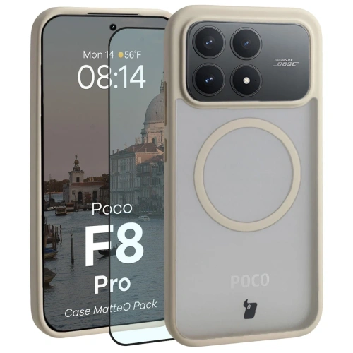 Etui z pierścieniem magnetycznym + szkło hartowane Bizon MatteO Pack do Xiaomi POCO F8 Pro, przydymione-beżowe