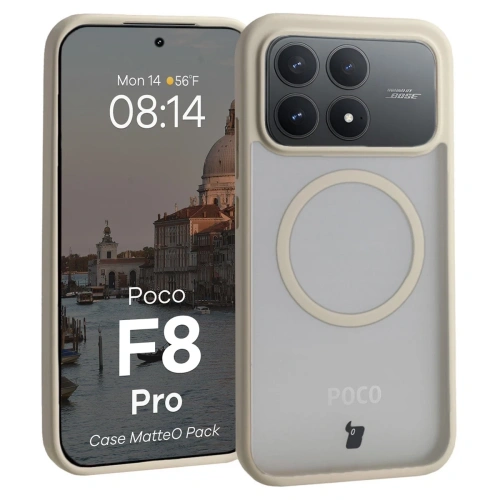Etui z pierścieniem magnetycznym + szkło hartowane Bizon MatteO Pack do Xiaomi POCO F8 Pro, przydymione-beżowe