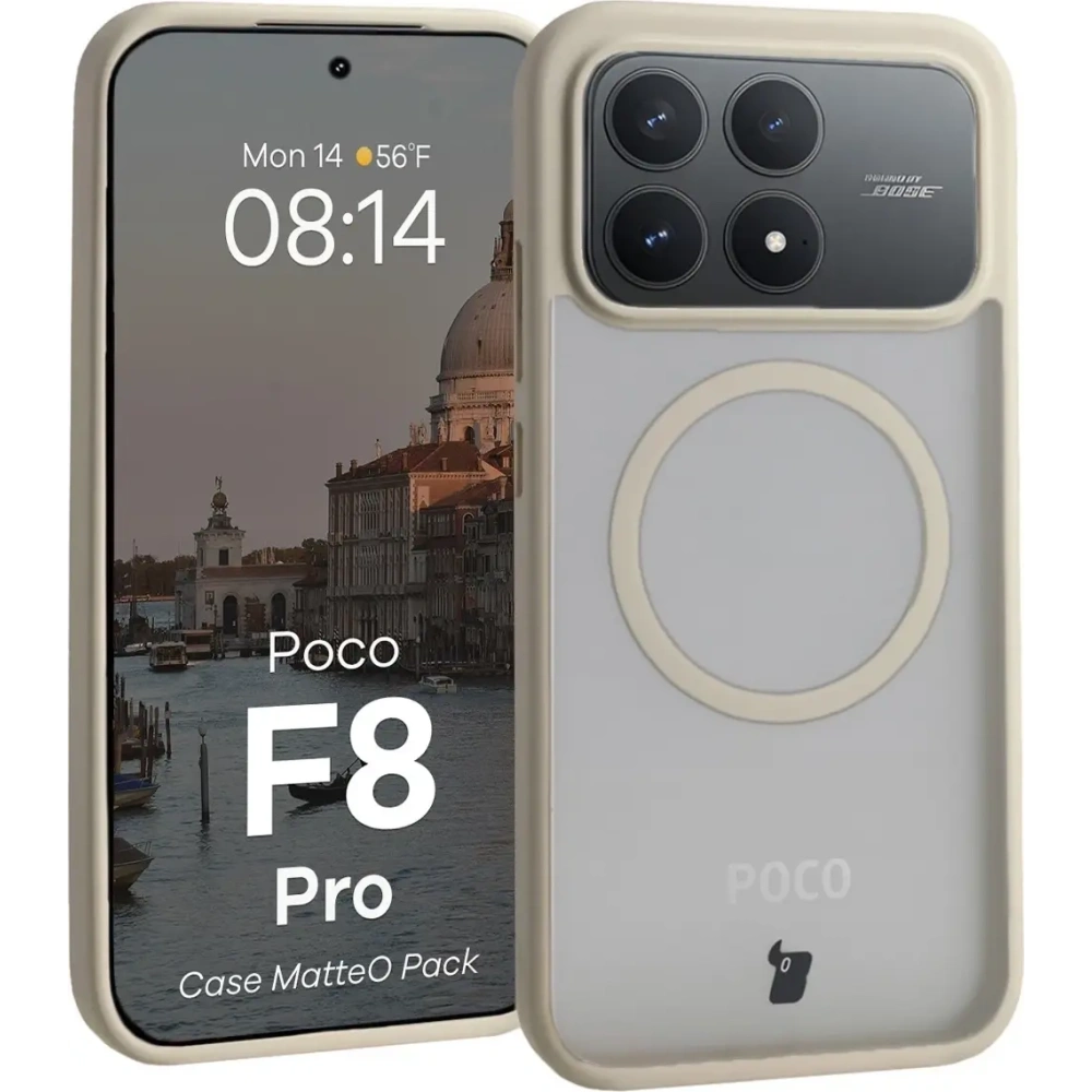 Etui z pierścieniem magnetycznym + szkło hartowane Bizon MatteO Pack do Xiaomi POCO F8 Pro, przydymione-beżowe