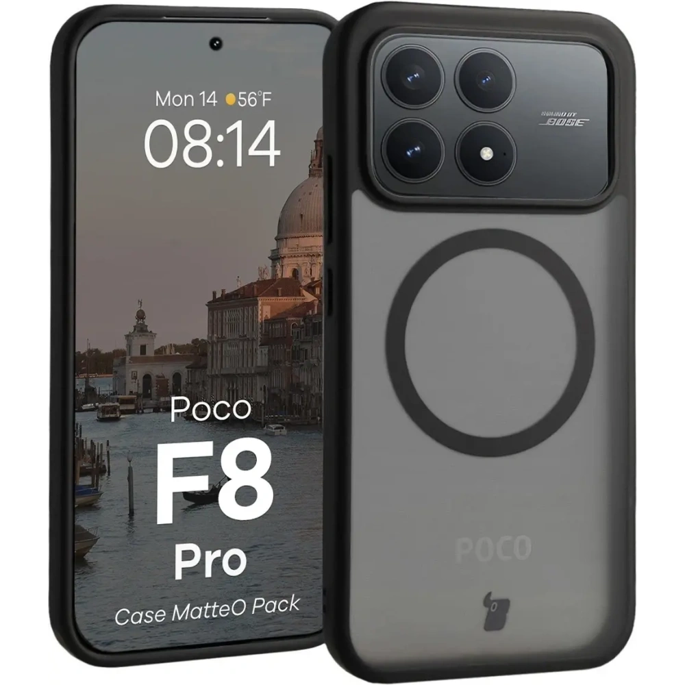 Etui z pierścieniem magnetycznym + szkło hartowane Bizon MatteO Pack do Xiaomi POCO F8 Pro, przydymione-czarne