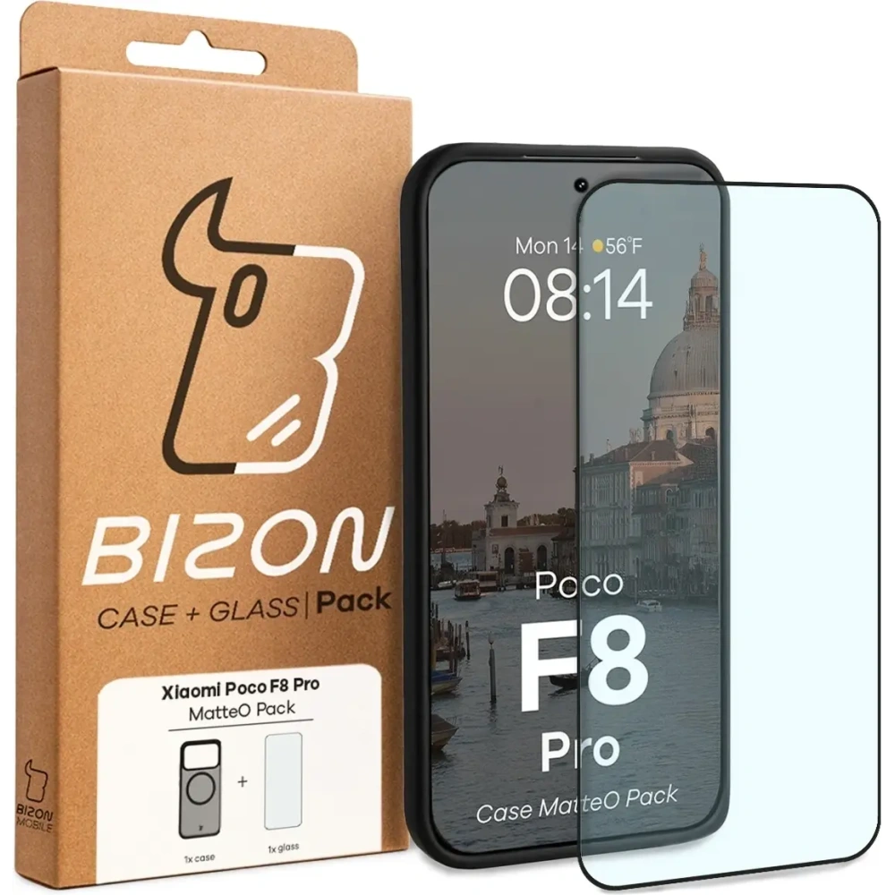 Etui z pierścieniem magnetycznym + szkło hartowane Bizon MatteO Pack do Xiaomi POCO F8 Pro, przydymione-czarne