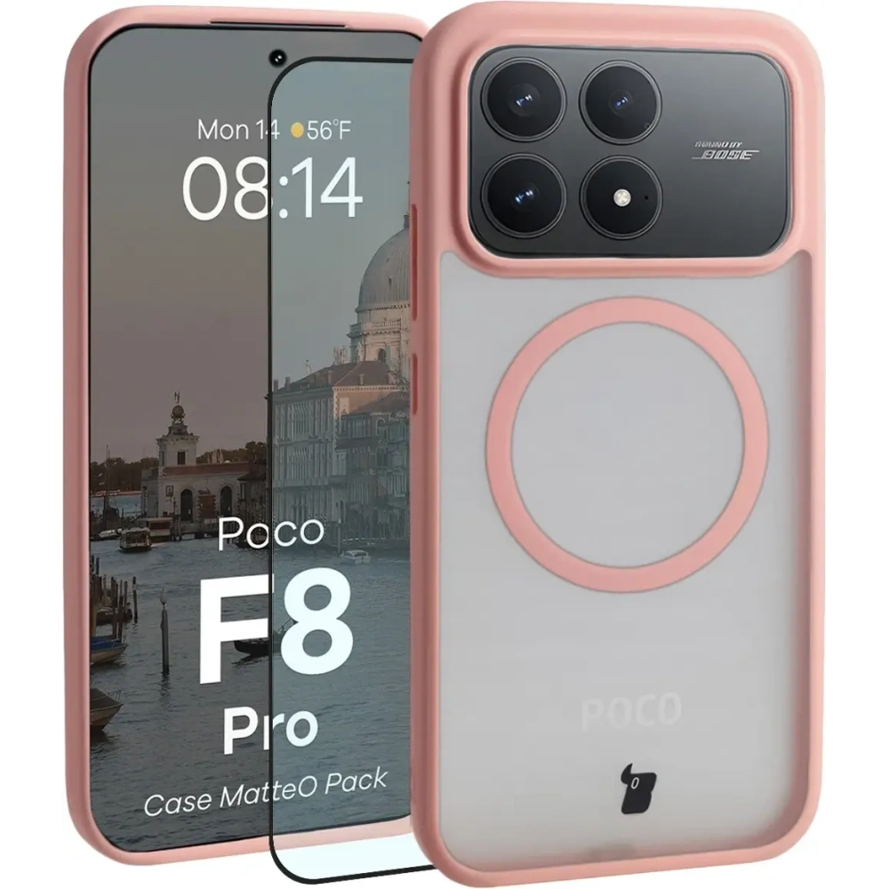 Etui z pierścieniem magnetycznym + szkło hartowane Bizon MatteO Pack do Xiaomi POCO F8 Pro, przydymione-jasnoróżowe