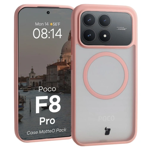 Etui z pierścieniem magnetycznym + szkło hartowane Bizon MatteO Pack do Xiaomi POCO F8 Pro, przydymione-jasnoróżowe