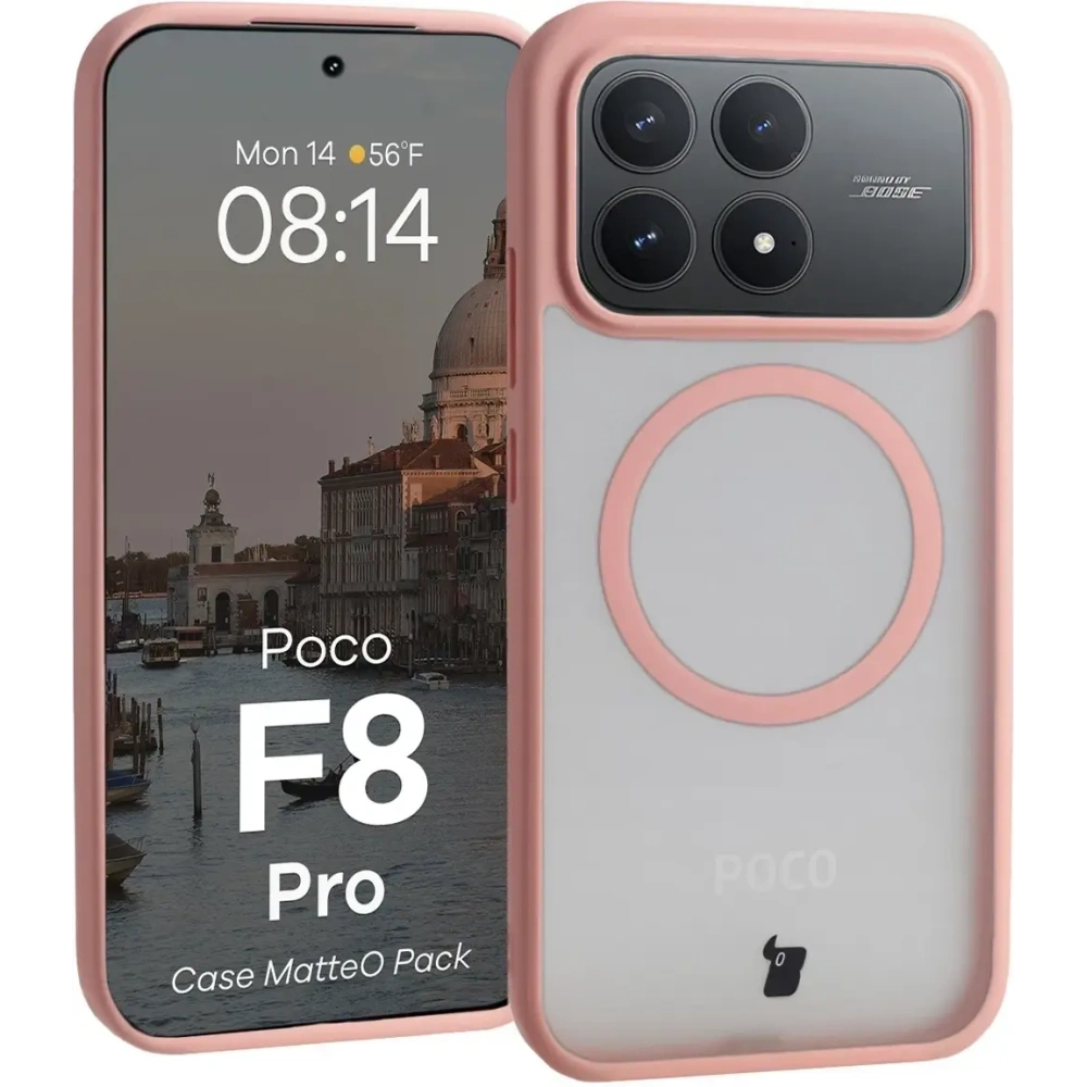 Etui z pierścieniem magnetycznym + szkło hartowane Bizon MatteO Pack do Xiaomi POCO F8 Pro, przydymione-jasnoróżowe