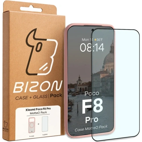 Etui z pierścieniem magnetycznym + szkło hartowane Bizon MatteO Pack do Xiaomi POCO F8 Pro, przydymione-jasnoróżowe