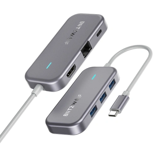 Kup Adapter 6w1 Blitzwolf BW-TH10 Hub USB-C cu 3xUSB 3.0, HDMI, RJ45, AUX, USB-C PD 3.0 100W - BLZ295 - {ean13} - Sklep Home Screen