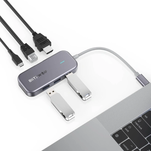 Kup Adapter 6w1 Blitzwolf BW-TH10 Hub USB-C cu 3xUSB 3.0, HDMI, RJ45, AUX, USB-C PD 3.0 100W - BLZ295 - {ean13} - Sklep Home Screen