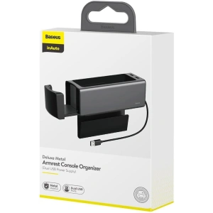 Baseus Deluxe kovový automobilový organizér s držákem na hrnek, 2x USB nabíjení (černý)